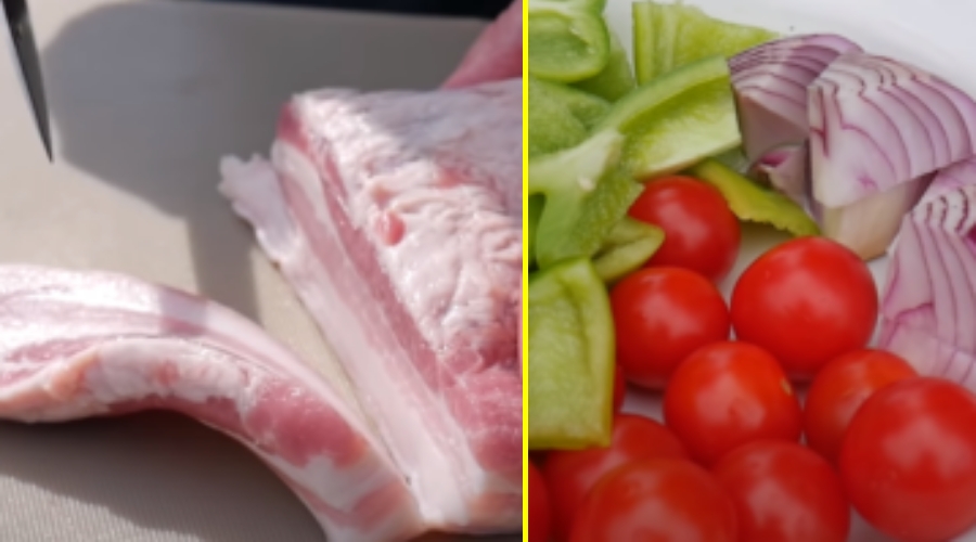 Как приготовить шашлык из свиной грудинки с овощами на шампурах на мангале